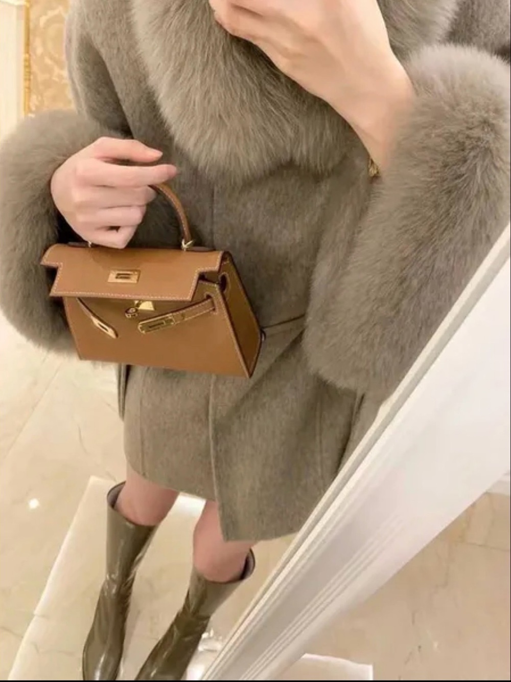 Elegant Tan Mini Top-Handle Bag with Gold Hardware